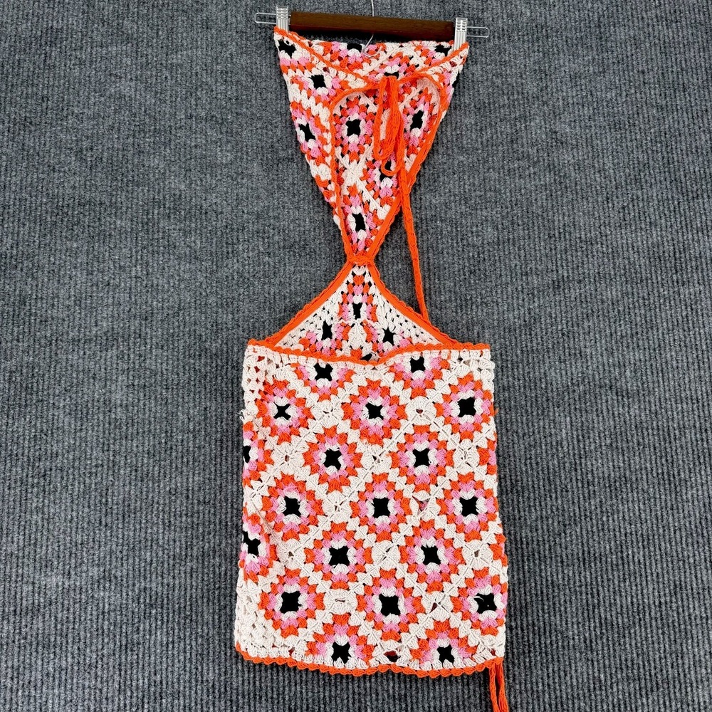 Bershka women's crochet granny square cutout halter dress size Medium festival - Picture 3 of 11